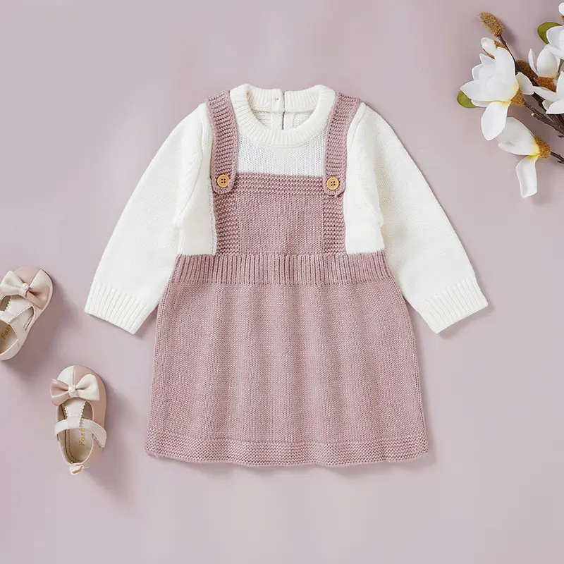 Solid Color Long Sleeve O-neck Knitted Acrylic 0-18 Months  Newborn Baby Girls Dresses Soft Infant Pleated One-pieces Dresses