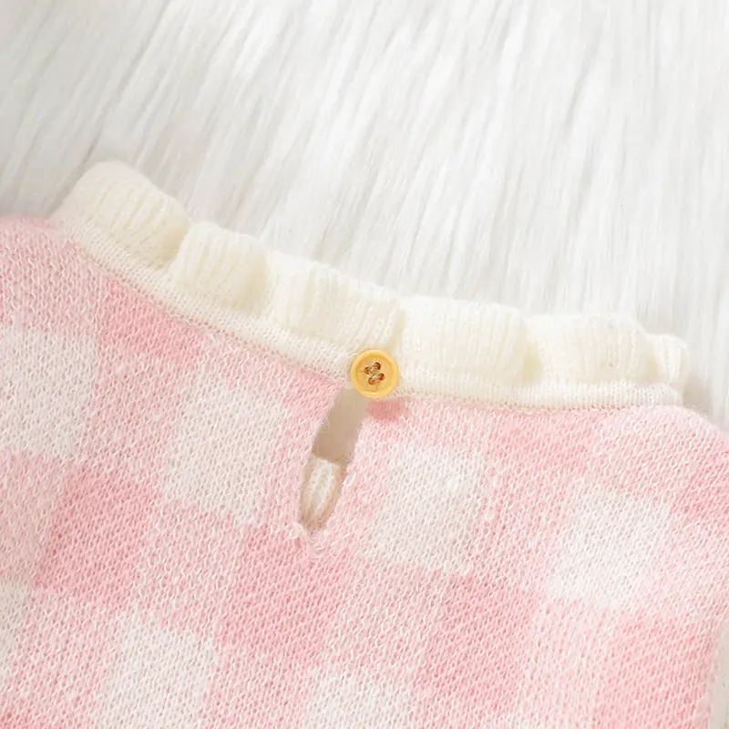Sweet Long Sleeve Plaid Knee-length Baby Girls Pink Dresses Formal Wear Knitted Polyester Baby One-piece A-line Dresses