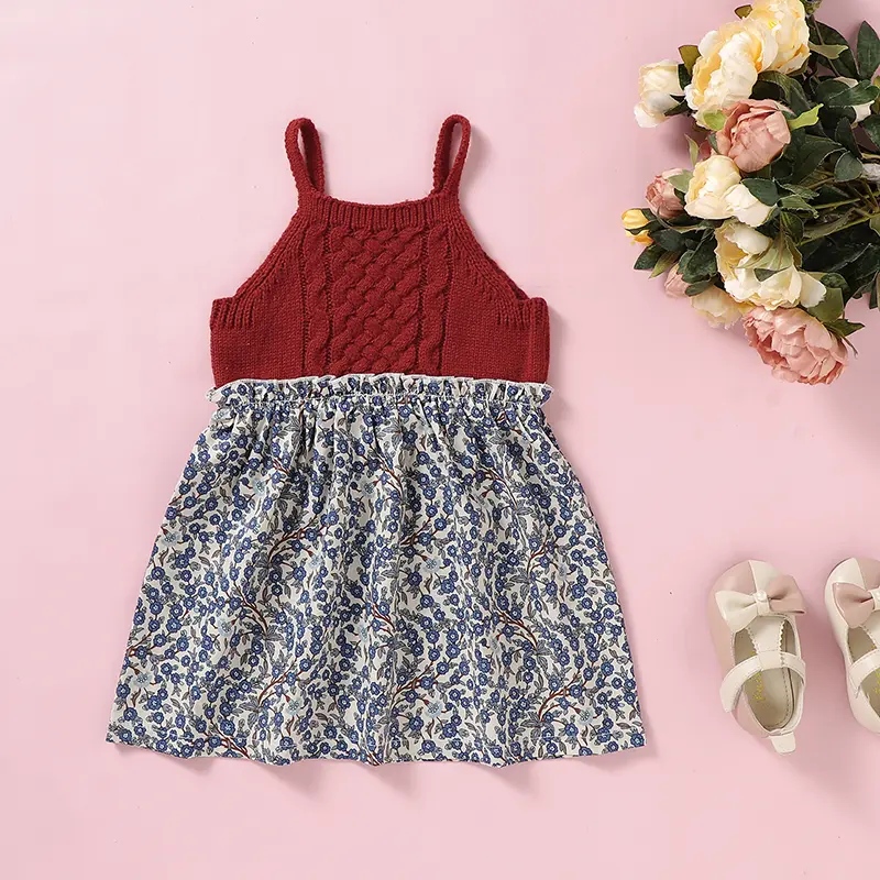 Spaghetti Straps Sleeveless Knee-length Baby Girls One-pieces Dresses Knitted Acrylic Liberty A-line Newborn Infant Ball Gown