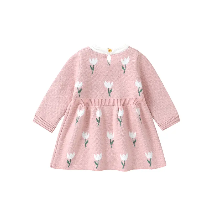 Sweet Tulip Print Long Sleeve O-neck Baby Girls Knee-length Dresses Knitted Newborn Infant A-line Ball Gown Dresses
