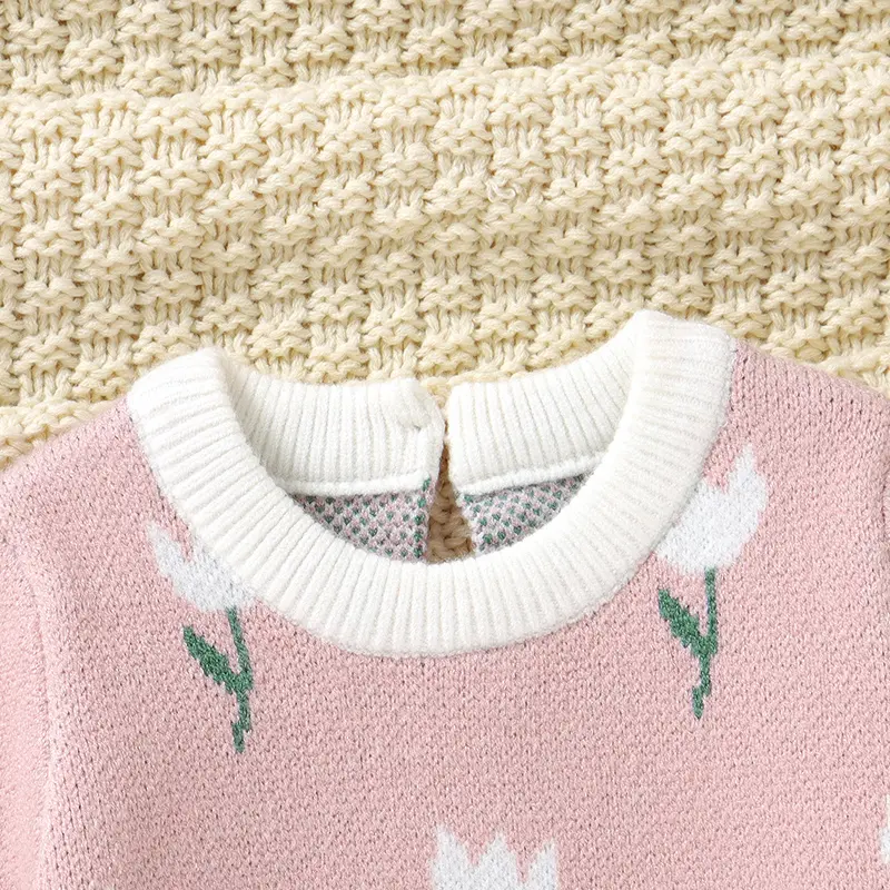 Sweet Tulip Print Long Sleeve O-neck Baby Girls Knee-length Dresses Knitted Newborn Infant A-line Ball Gown Dresses