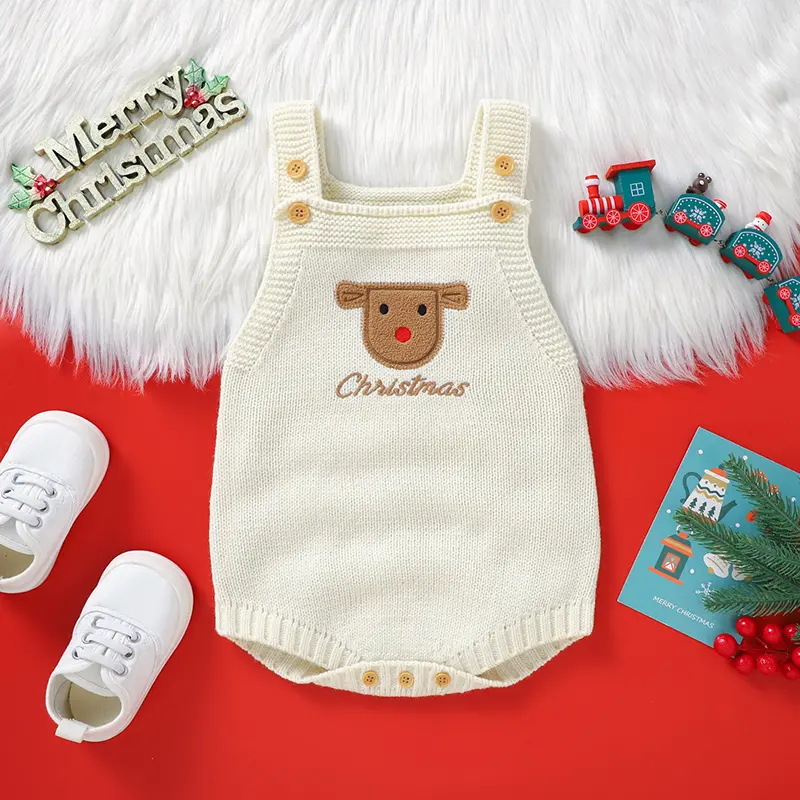 Sleeveless Square-neck Spaghetti Straps Beige Christmas Baby Summer Rompers Knitted Acrylic Newborn Infant Bodysuit Jumpsuit
