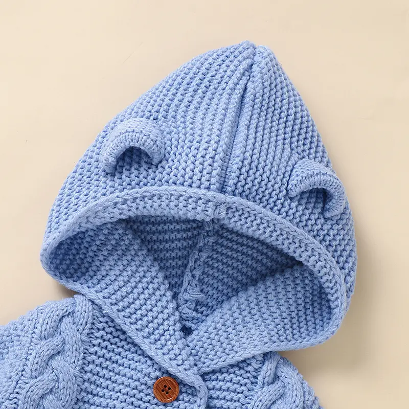 Knitted Acrylic Fried Dough Twist Pattern Baby Boys & Girls Autumn & Winter Rompers Hooded Long Sleeve Newborn Infant Bodysuit