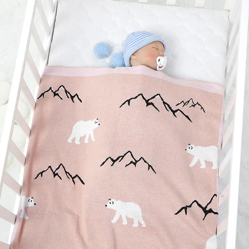 Cute Teddy Bear Print Baby Cotton Swaddle Blankets Knitwear Newborn Boys & Girls Security Blankets Soft Infant Receiving Blanket
