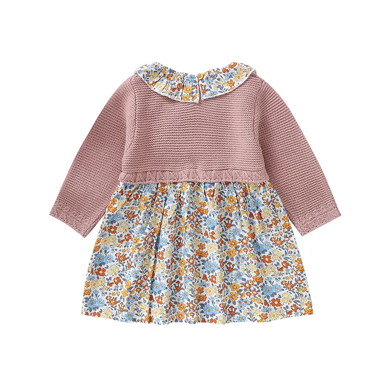 Spaghetti Straps Fresh Knitted Acrylic Long Sleeve Baby Floral Girls Dresses Knee-length Infant One-pieces Jumpsuit Bodysuit