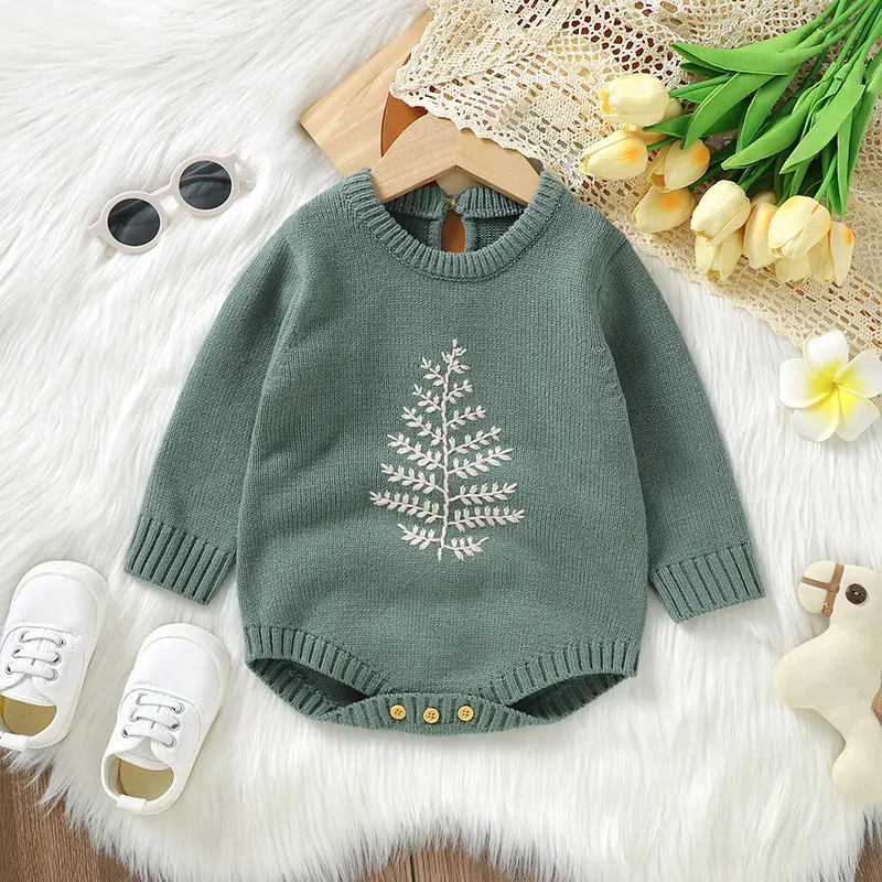 Fresh Wheatear Print Long Sleeve Knitted Acrylic Baby Boys & Girls Spring & Autumn Rompers Newborn Bodysuit Infant Jumpsuit