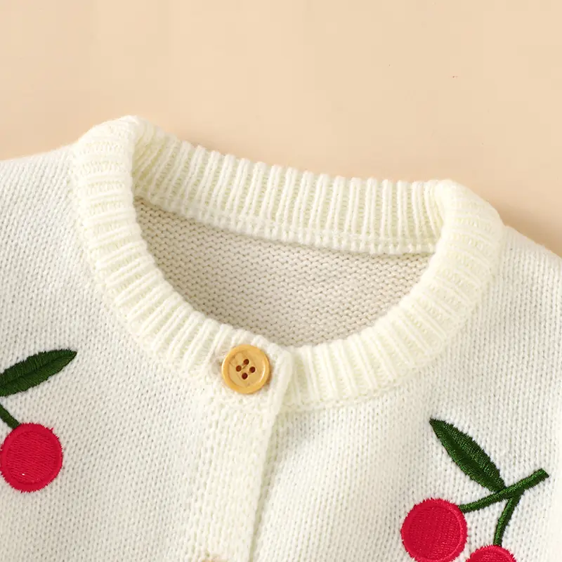 Sweet Cherry Print Knitted Acrylic O-neck Long Sleeve Newborn Baby Girls Coat Soft Infant Cardigan Sweat for 0-12 Months Newborn
