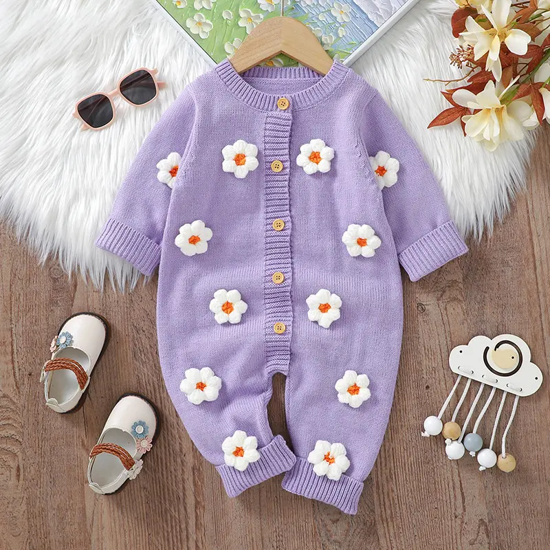 Sweet Floral Print  Baby Girls Long Sleeve Rompers Fresh Babies Jumpsuit Knitted Acrylic Newborn One-piece Bodysuit Pullovers
