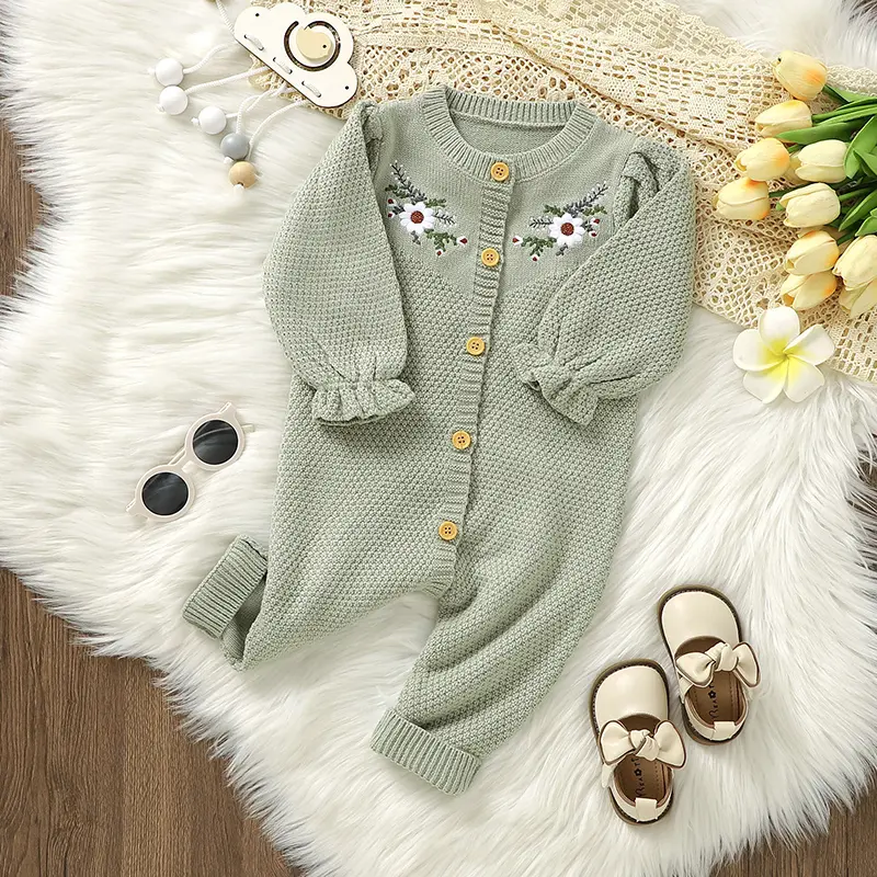 OEKO-TEX Floral Print Baby Girls Long Sleeve Rompers Breathable Newborn One-piece Outfits Knit Acrylic Infant Jumpsuit Bodysuit