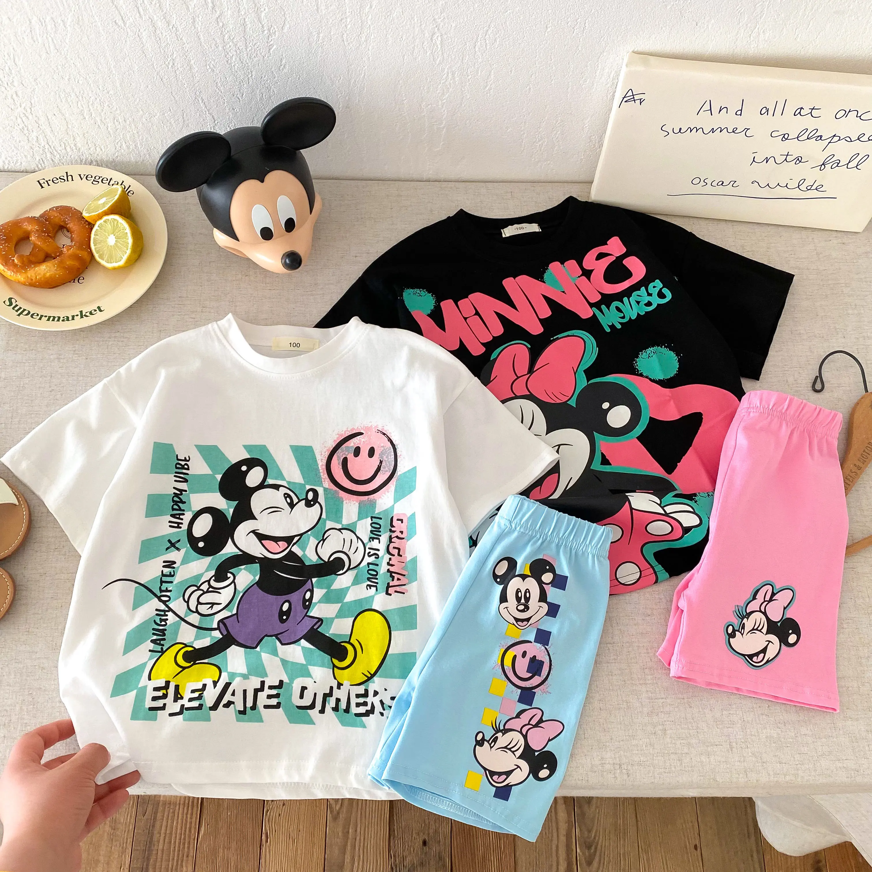 Summer Cartoon Disney Printed Girl Pink T-shirt Boy T-shirt Top Fashion Children's T-shirt Shorts Set Children's Clothing