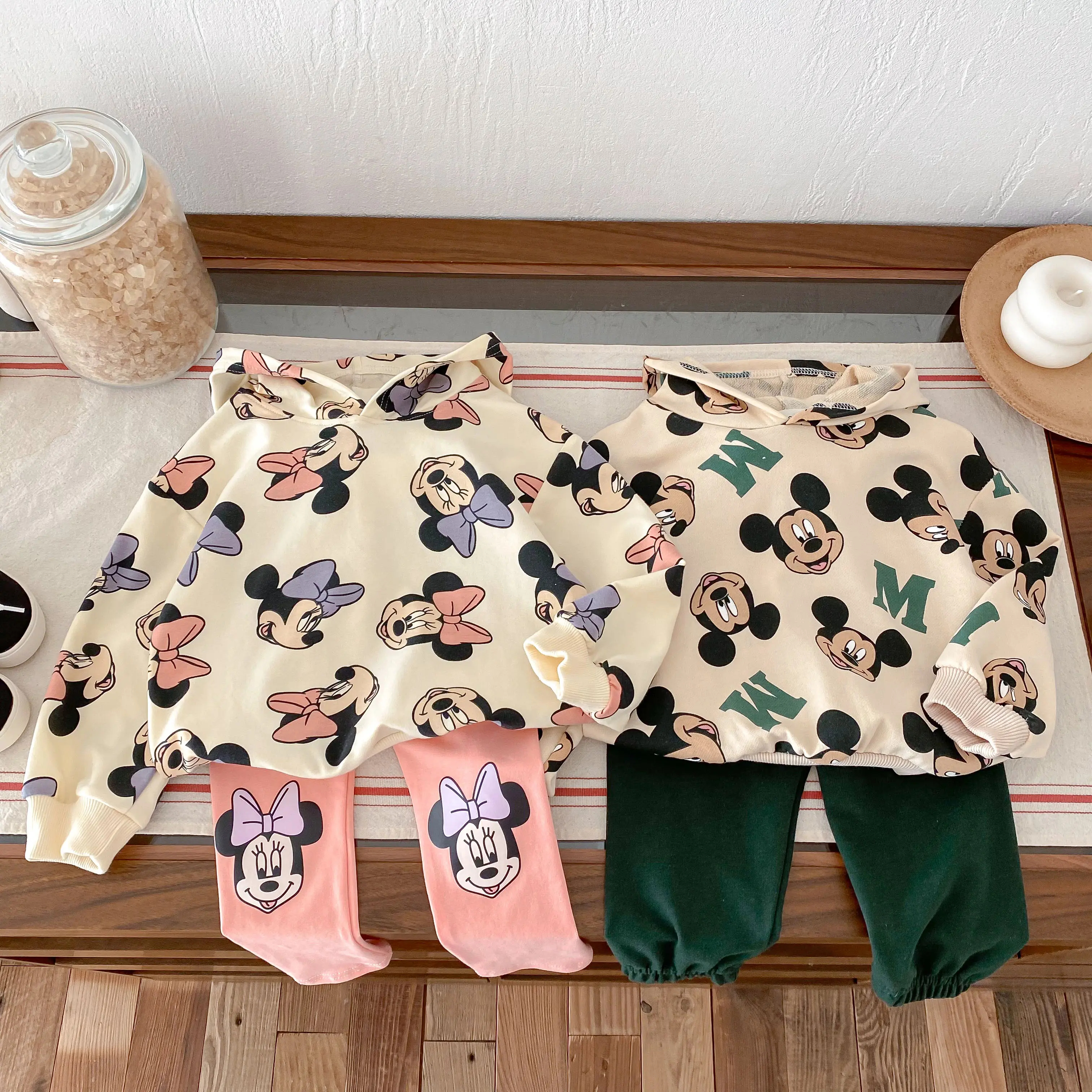Full-print Disney Cartoon Long Sleeve Sweatshirts Set Popular Design Loose Fashion Hoodie + Sweatpants 2pc/set Kids Clothing
