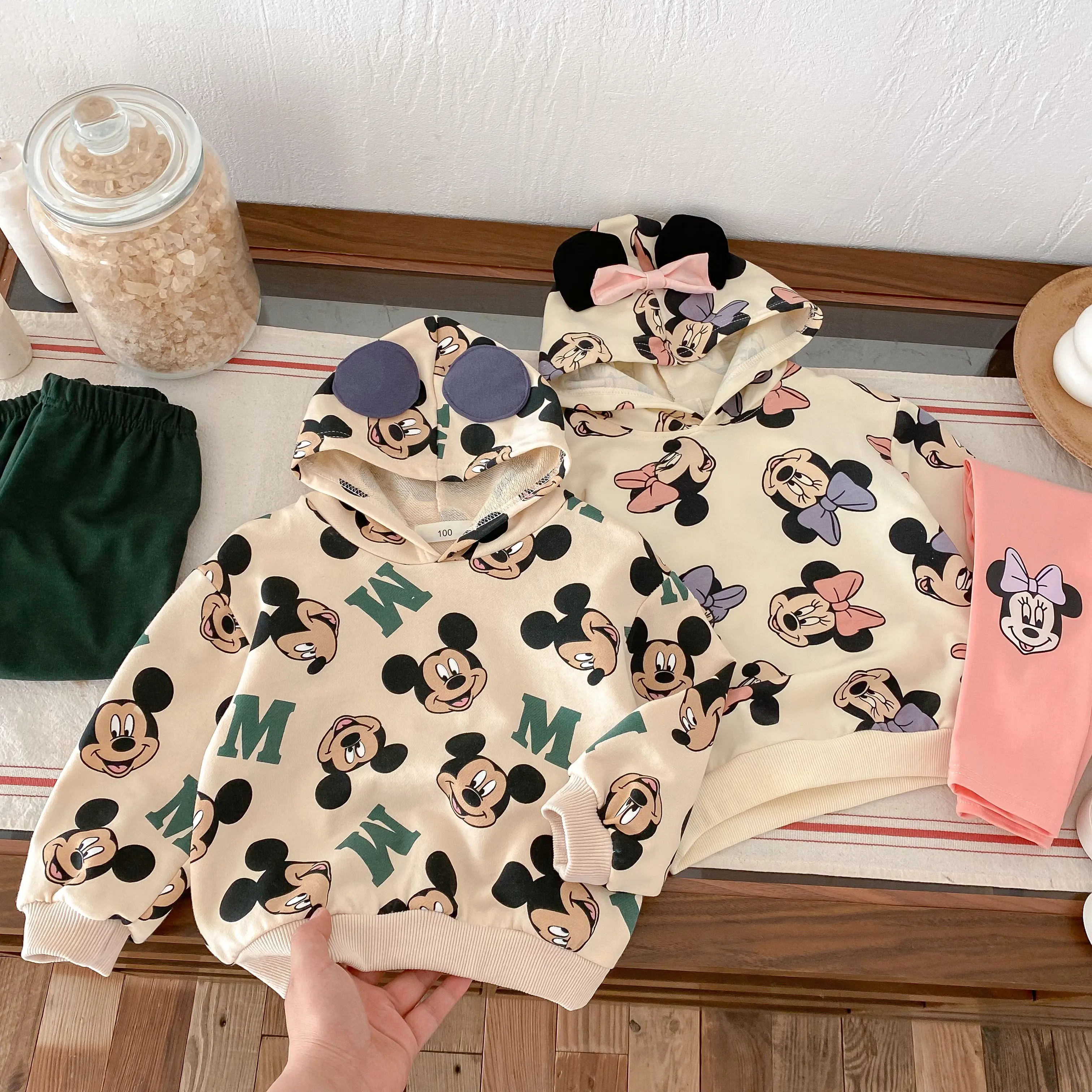 Full-print Disney Cartoon Long Sleeve Sweatshirts Set Popular Design Loose Fashion Hoodie + Sweatpants 2pc/set Kids Clothing