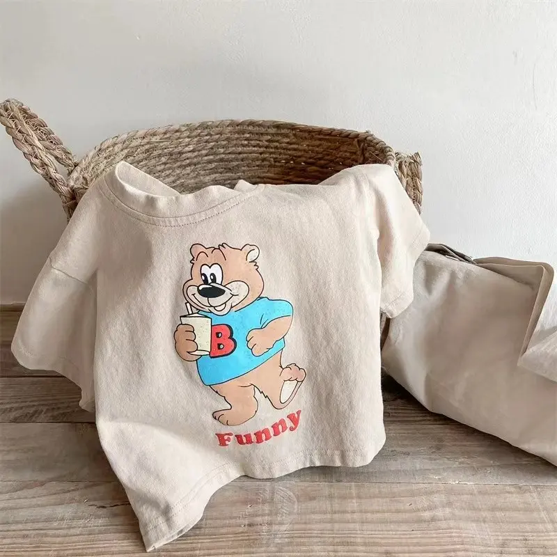 Summer Fashion Children's Top Boys And Girls Loose Fitting T-shirt Cartoon Printed Teddy Bear Casual Short Sleeved Shirt