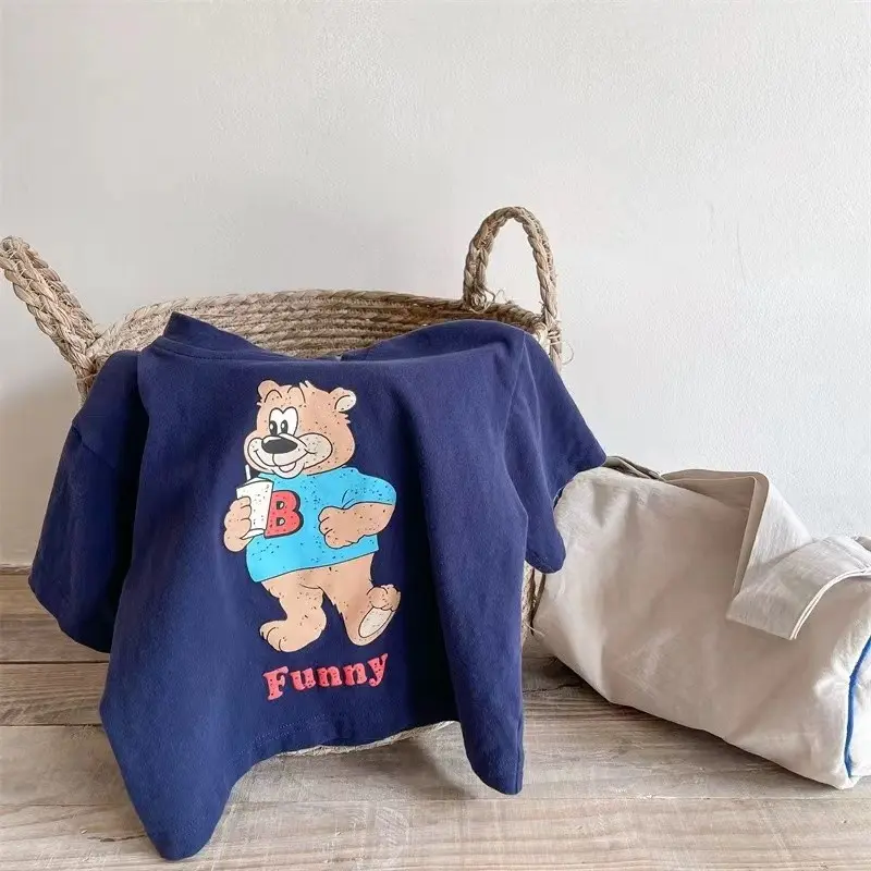 Summer Fashion Children's Top Boys And Girls Loose Fitting T-shirt Cartoon Printed Teddy Bear Casual Short Sleeved Shirt