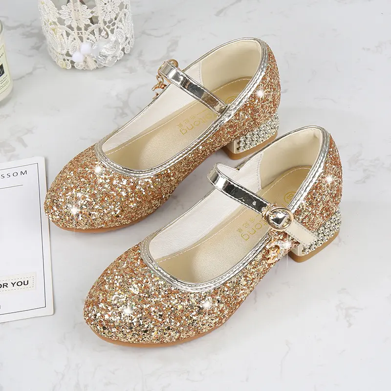 Children's High Heels Fashionable Piano Runway Performance Shoes Girls' Leather Shoes Princess Shoes Sequined Single Shoes