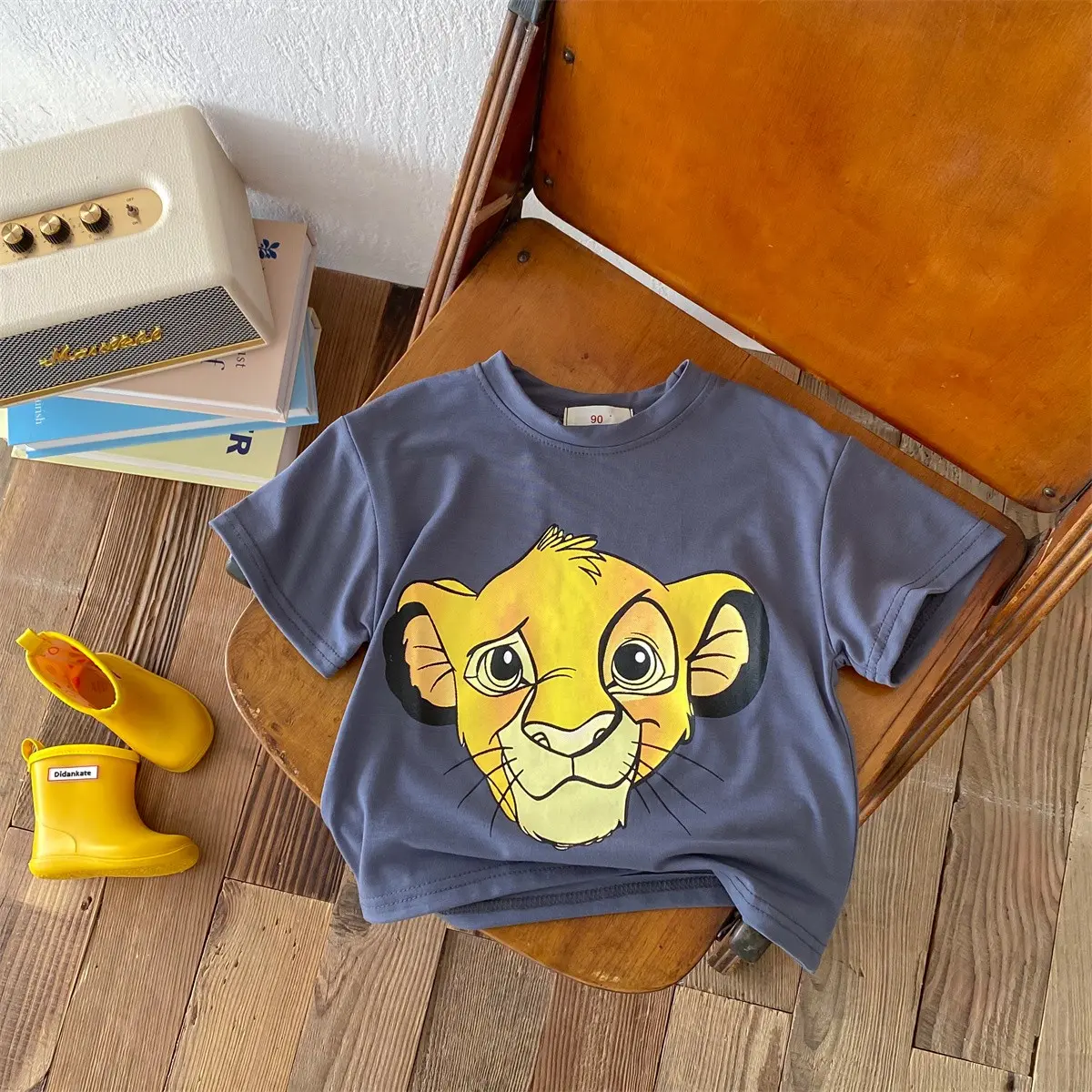 Comfortable T-shirt For Baby Boys And Girls  Summer Round Neck Loose Fitting Fashion T-shirt Cartoon Simba Printbaby Boy Clothes