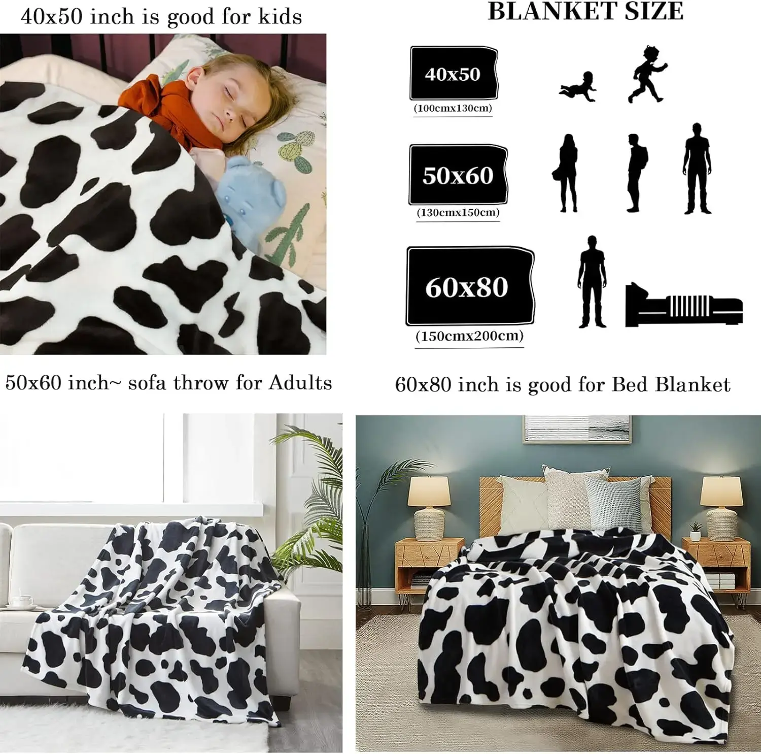 Cow Print Blanket, Cow Gift for Women Girls Kids Western Soft Fleece Flannel Cow Throw Blankets for Couch Bed