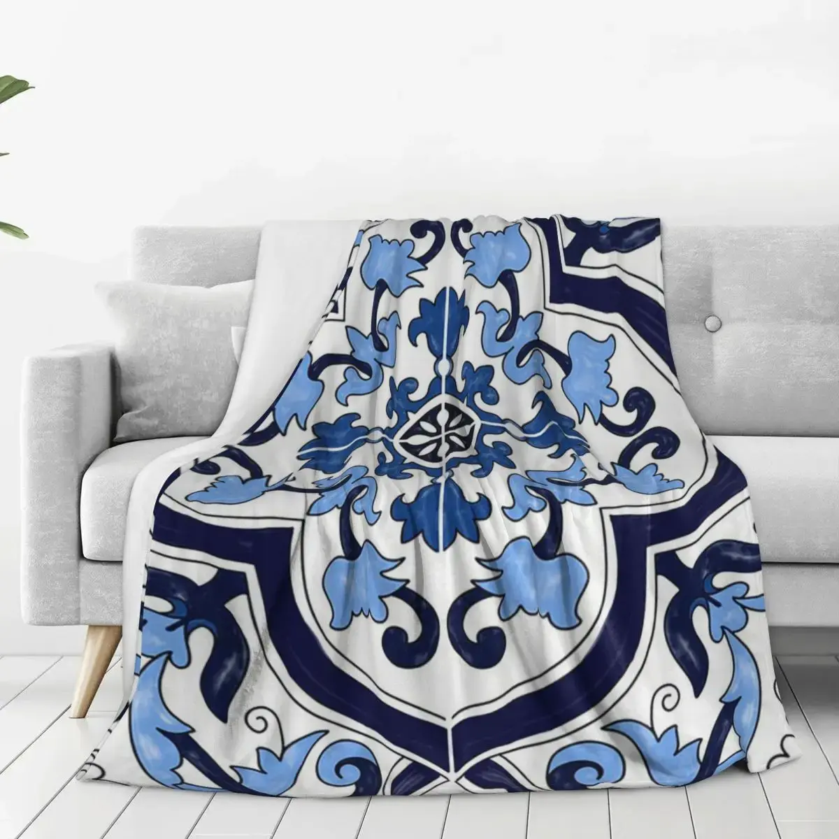 Blue Ornate Floral Mediterranean Sicilian Tile Blanket Fleece Sofa Throw Blanket For Couch Bedding Office Throws Bedspread Quilt