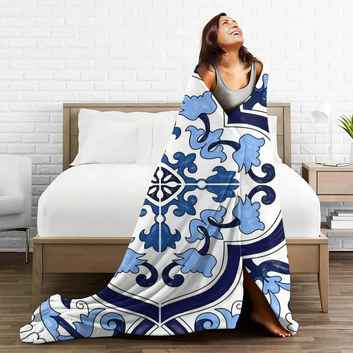 Blue Ornate Floral Mediterranean Sicilian Tile Blanket Fleece Sofa Throw Blanket For Couch Bedding Office Throws Bedspread Quilt