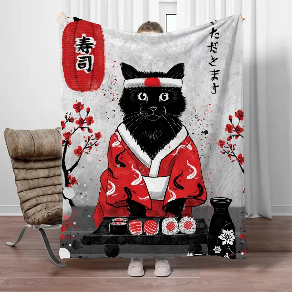 Sushi Cat Plush Blanket, Toalha de praia xadrez fofa, Personagens personalizados, Interior de casa, Cobertores extragrandes