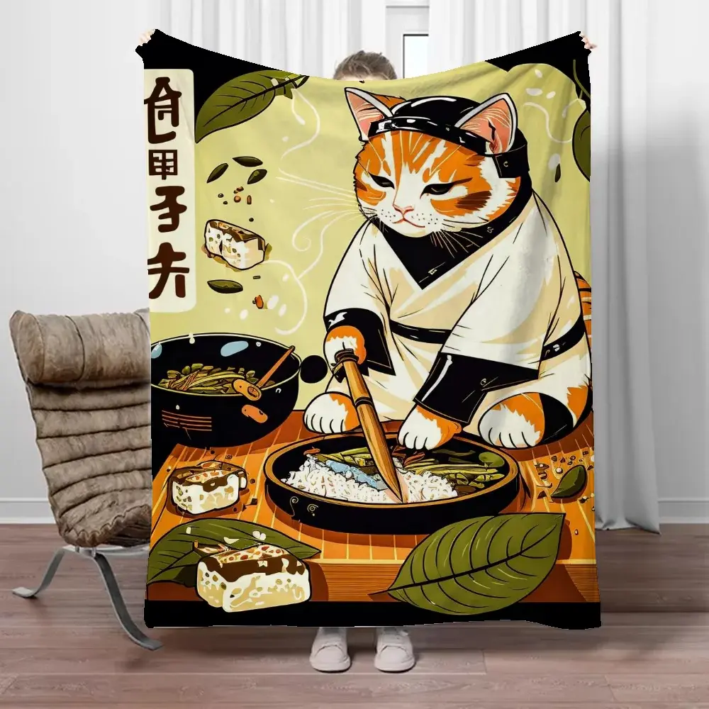 Sushi Cat Plush Blanket, Toalha de praia xadrez fofa, Personagens personalizados, Interior de casa, Cobertores extragrandes
