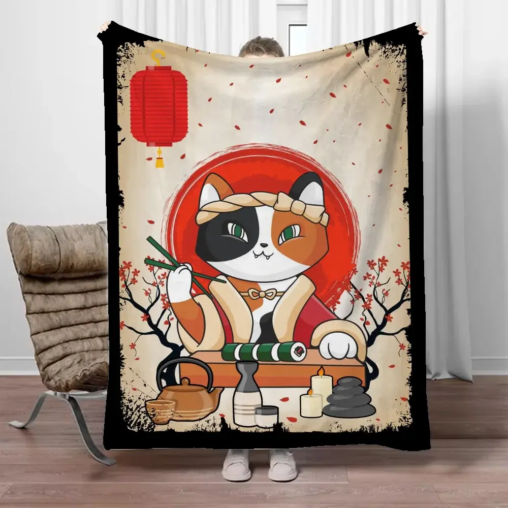 Sushi Cat Plush Blanket, Toalha de praia xadrez fofa, Personagens personalizados, Interior de casa, Cobertores extragrandes