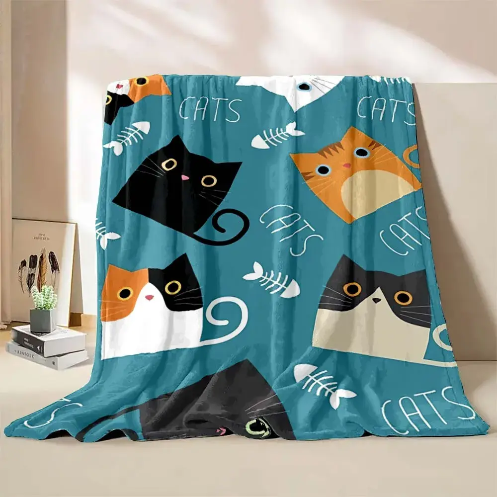 6 Sizes Cute Cartoon Cat Printed Believer Blanket Warm Soft and Comfortable Home Travel Blanket Office Sofa Blanket Play Mat