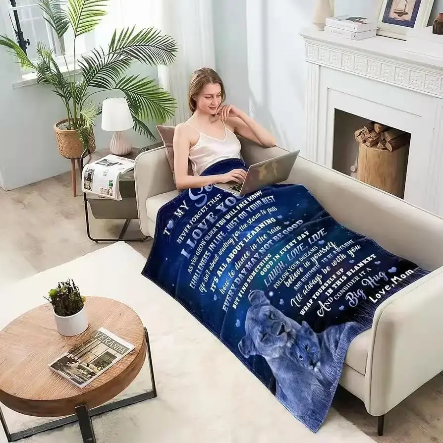 Gift from mom to son, lion blanket, I love you, gift from mom and dad to son, blanket, suitable for bedroom, bed and sofa