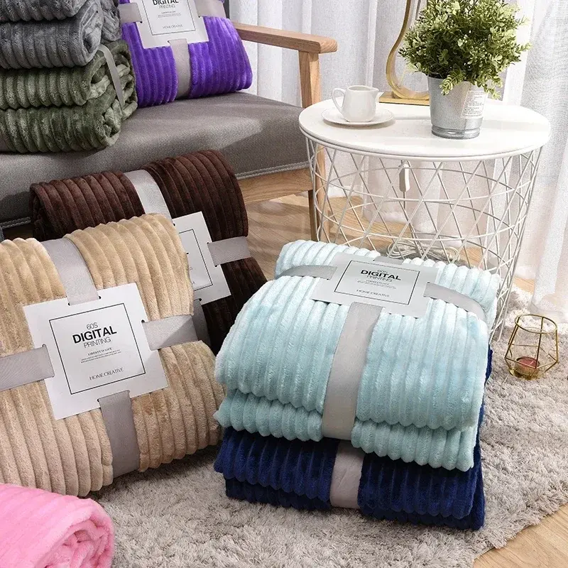 Striped Flannel Blankets For Beds Solid Pink Blue Color Soft Warm Mink Throw Sofa Cover Bedspread Beach Airplane Travel Blankets