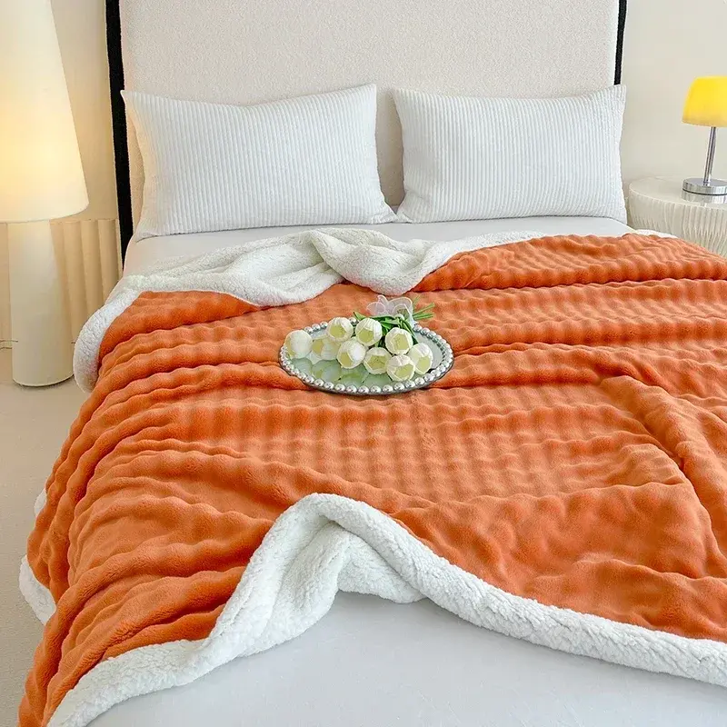 Thick Blankets Coral Fleece Plush Bedsheet Small Square Pattern Solid Color Blanket Fluffy Imitation Rabbit Lamb Wool Blanket