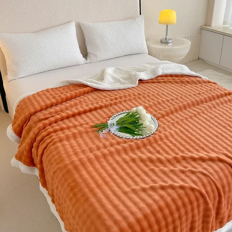 Thick Blankets Coral Fleece Plush Bedsheet Small Square Pattern Solid Color Blanket Fluffy Imitation Rabbit Lamb Wool Blanket