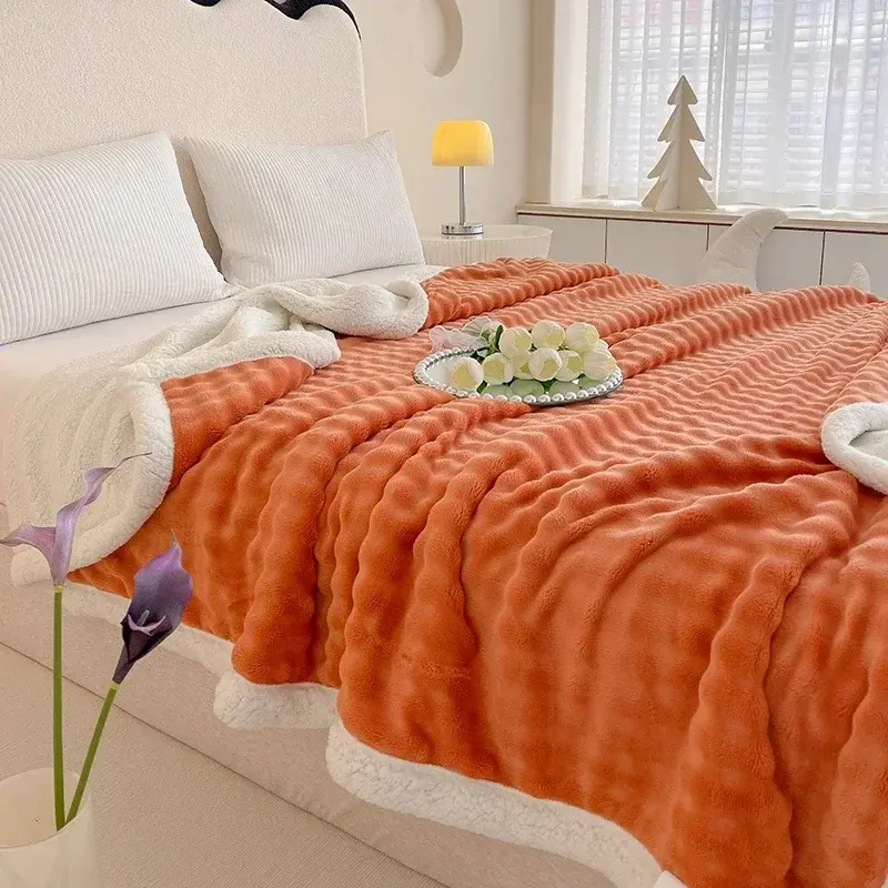 Thick Blankets Coral Fleece Plush Bedsheet Small Square Pattern Solid Color Blanket Fluffy Imitation Rabbit Lamb Wool Blanket