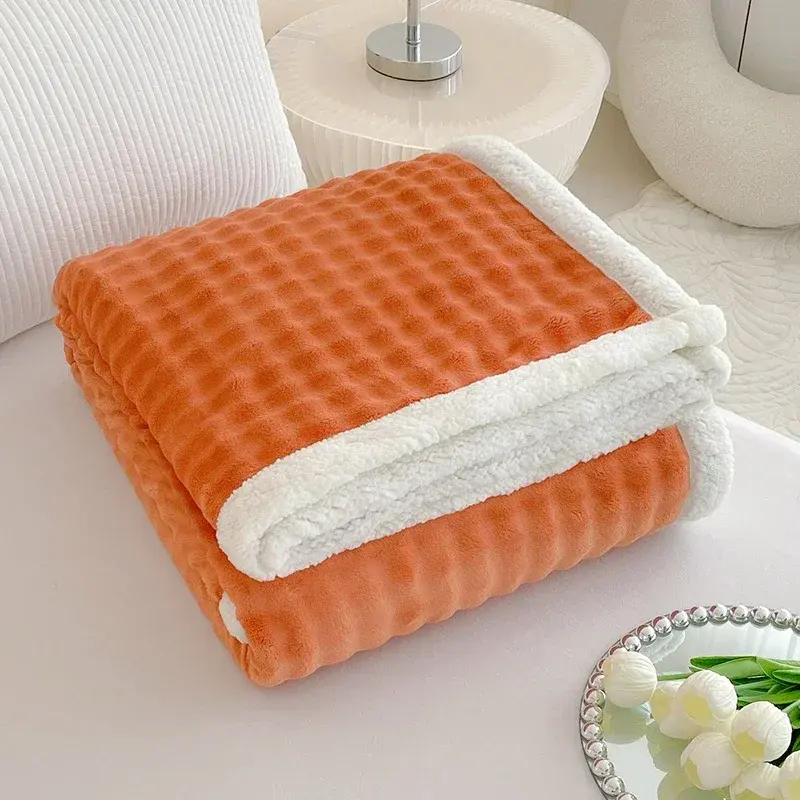 Thick Blankets Coral Fleece Plush Bedsheet Small Square Pattern Solid Color Blanket Fluffy Imitation Rabbit Lamb Wool Blanket