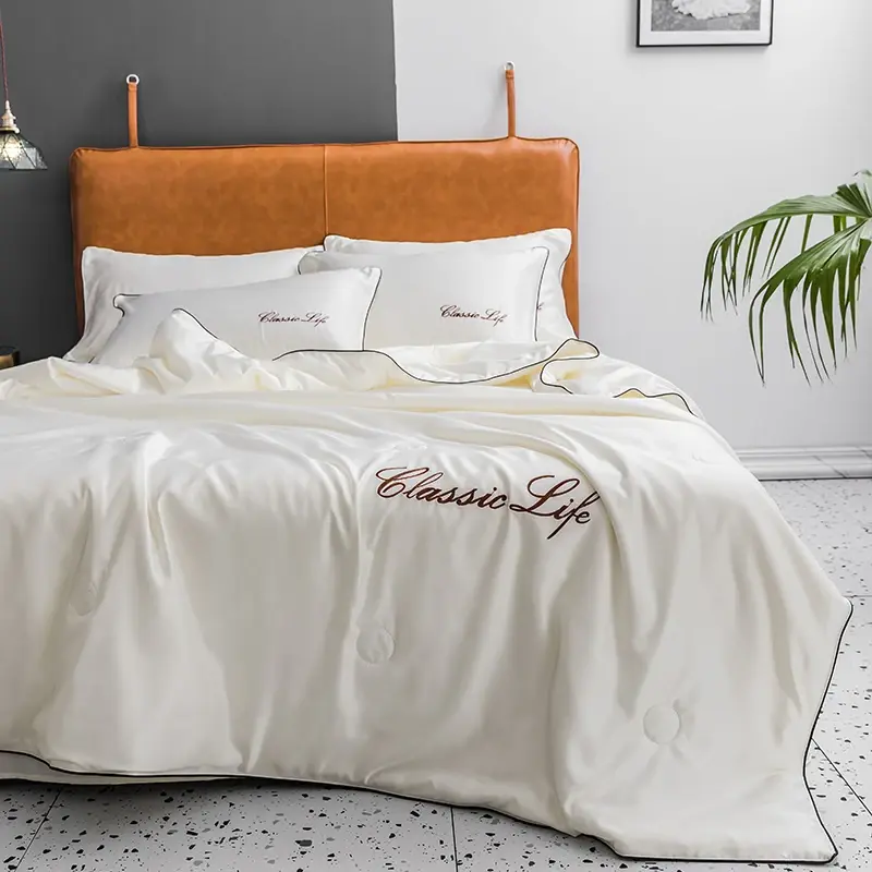 Washed Silk Summer Quilt, 100% Silk, Embroidery Smooth, Ice Cooling Comforter for Bed, Silky Solid Blanket, Soft and Cool