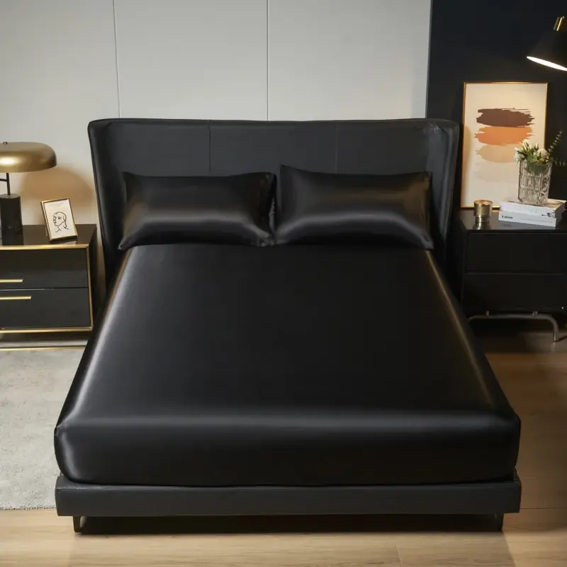 Kuup 100%Polyester 3pcs satin surface Bedding Fitted Sheet and pillowcases Set Elastic Band Around Mattress Cover King Bed Cover