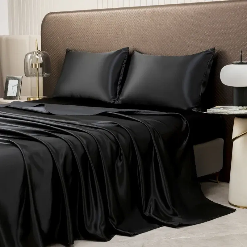 Satin Bed Sheet Sets for Summer Silky Smoooth Top Sheet with Pillowcase Single/Queen/King Ice Cooling Flat Bed Sheet Sets