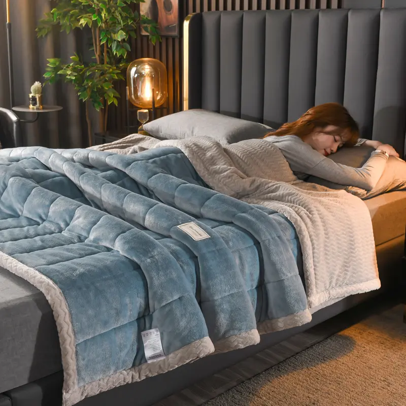 Coral Fleece Autumn Winter Warm Blankets for Bed 3 Layers Thicken Flannel Blanket Quilt Soft Comfortable Warmth Quilts Washable