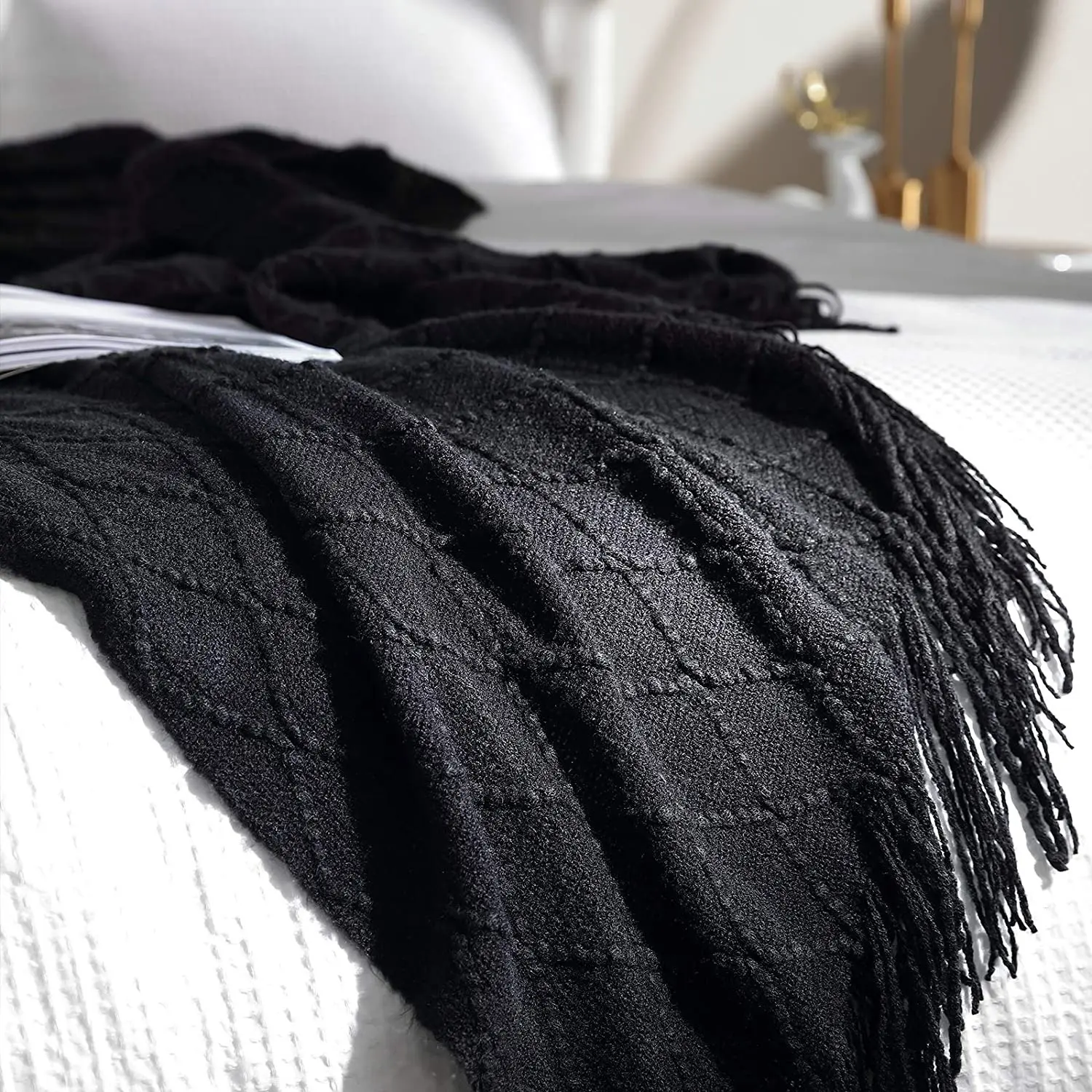 Gift Fall Black Throw Blanket for Couch-Soft Boho Bed Throw Blankets,Cozy Knitted Throw Blanket,Oversized Knit Farmhouse Blanket