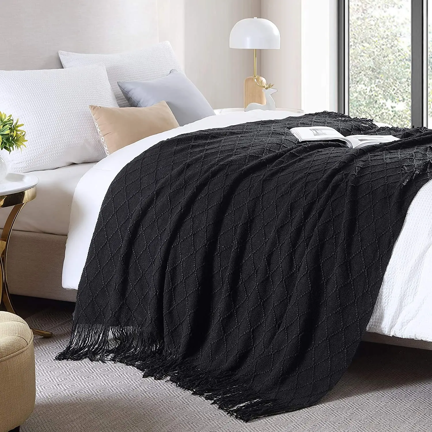 Gift Fall Black Throw Blanket for Couch-Soft Boho Bed Throw Blankets,Cozy Knitted Throw Blanket,Oversized Knit Farmhouse Blanket