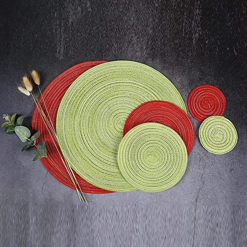 1/4/6sets Nordic Style Cotton Yarn Dinner Placemats Round Ramie Woven Cup Mat Heat Insulation Plate Mat Non-Slip Coaster Cup Mat