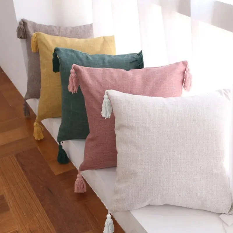 45x45cm Cream Throw Pillow Covers Farmhouse Boho Decorative Throw Pillow Covers Linen Cushion Covers for Sofa Couch Décor
