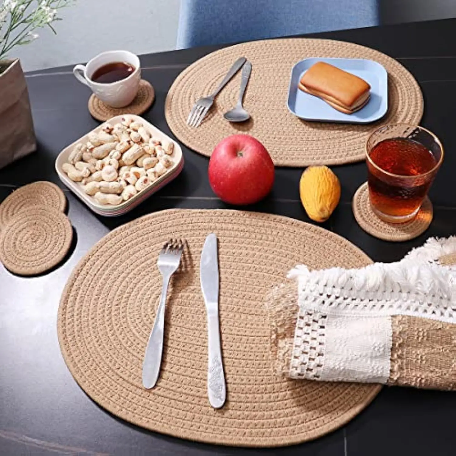 1/2/4sets jute knit oval placemat and round coaster set, insulated tabletop decoration, rustic style, wedding, dining kitchen
