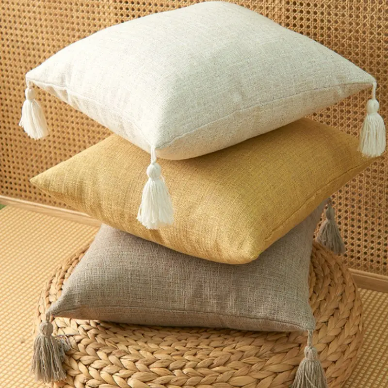 45x45cm Cream Throw Pillow Covers Farmhouse Boho Decorative Throw Pillow Covers Linen Cushion Covers for Sofa Couch Décor