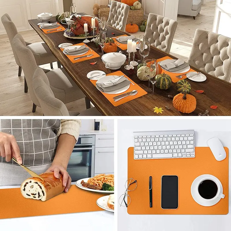 1/4/6PCS Orange Placemats for Dining Table Leather Table Mats Wipeable Reversible Place Mats Indoor Outdoor Halloween Decoration
