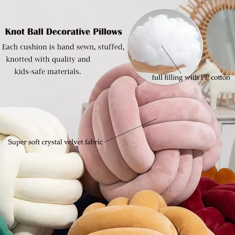 Handmade Decorative Throw Knot Pillow Ball for Home Chair Sofa Couch Bed Aesthetic Round Velvet Knotted Pillow Cushion Pink