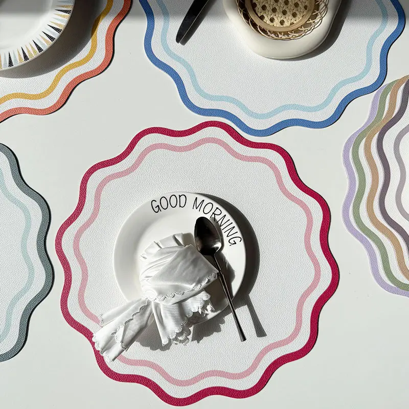 1/4/6pcs Printed Flower Shape Faux Leather Placemats Insulated Table Mat for Kitchen Dining Table Striped Waterproof Plate Mat