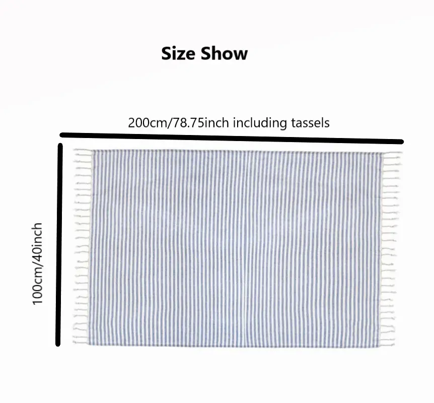 100x200cm Blue Stripes Tassel Turkish Beach Towel Extra Large Thickened Absorbent Fitness Fringed Bath Towel for Outdoor Use