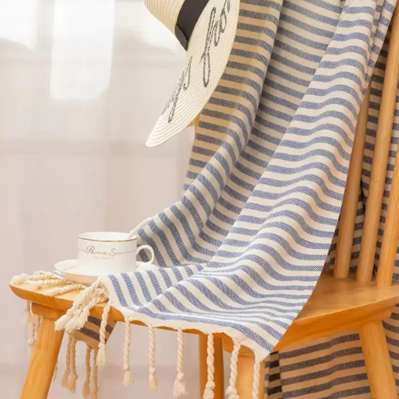 100x200cm Blue Stripes Tassel Turkish Beach Towel Extra Large Thickened Absorbent Fitness Fringed Bath Towel for Outdoor Use