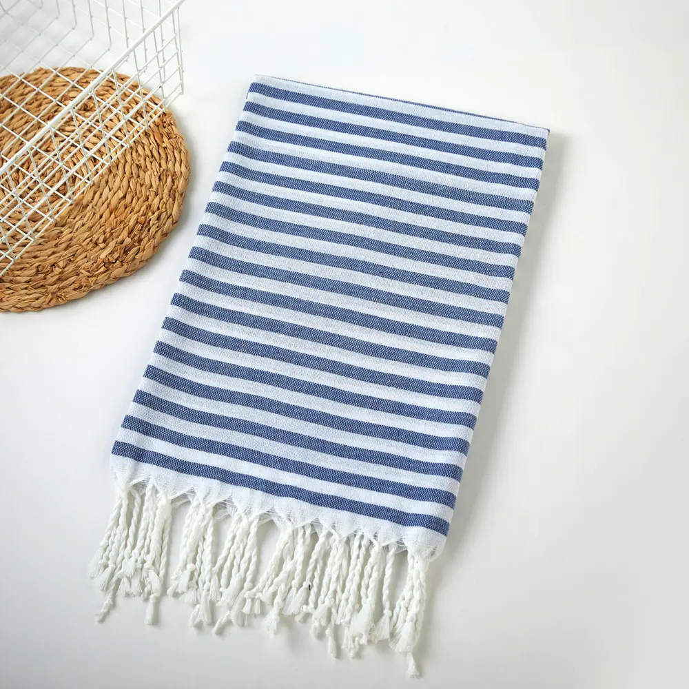 100x200cm Blue Stripes Tassel Turkish Beach Towel Extra Large Thickened Absorbent Fitness Fringed Bath Towel for Outdoor Use