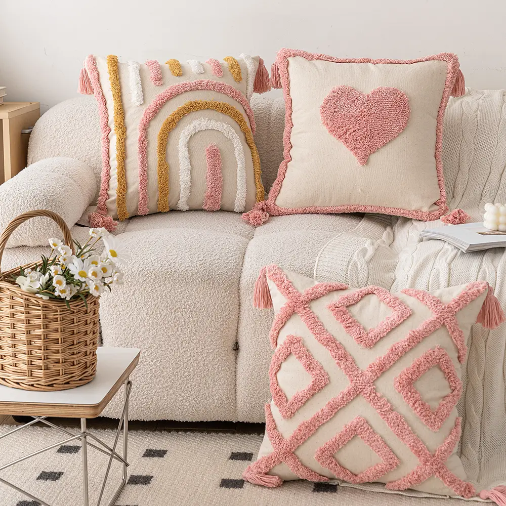 Woven Tufted Decorative Pillow Cover with Tassel Pink Boho Linen Cotton Pillowcase for Bed Living Room Sofa Cushion Home Decor